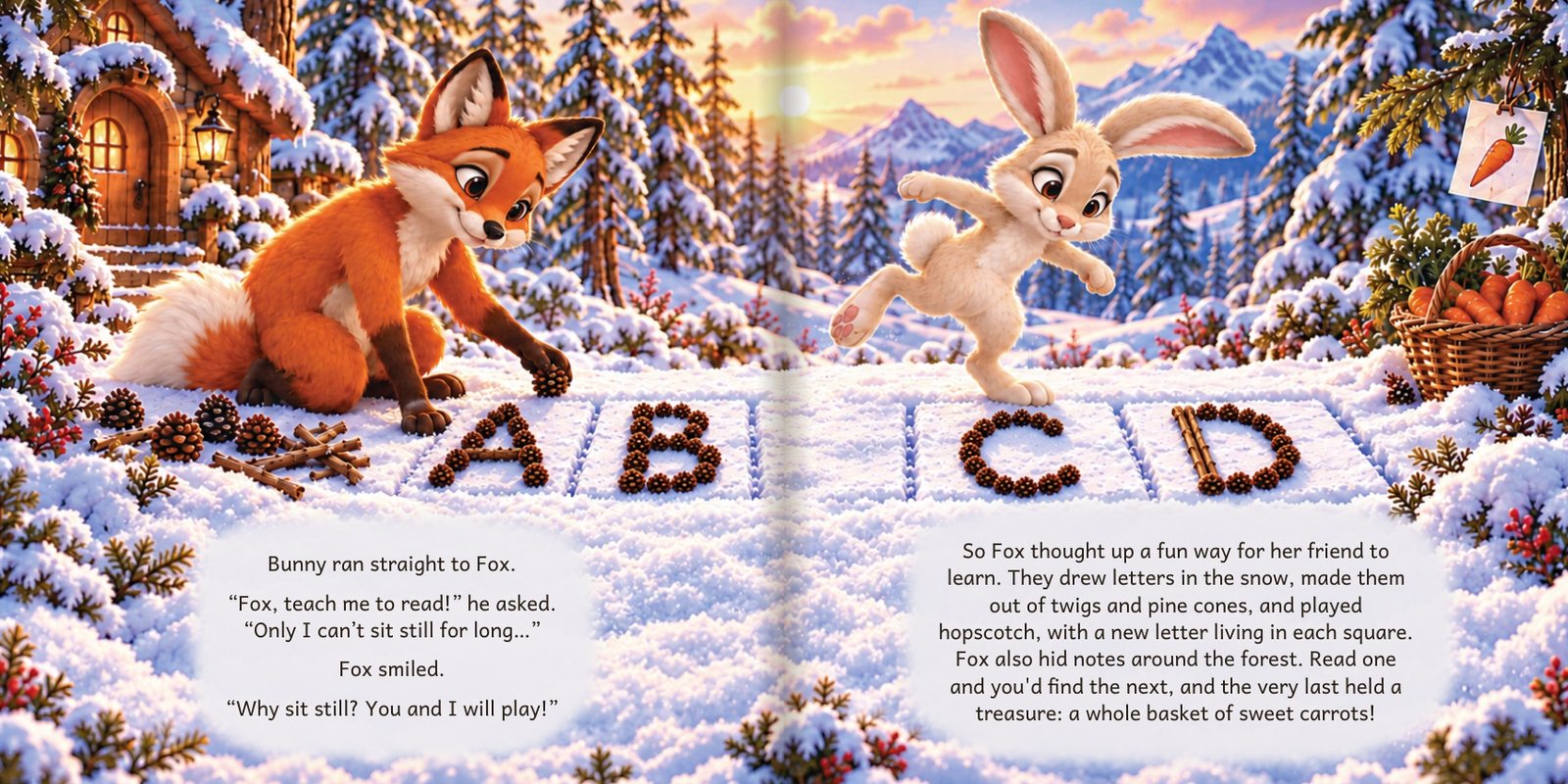A spread from the exported book: the bunny at the letters C and D in the snow, the text in a soft cloud below