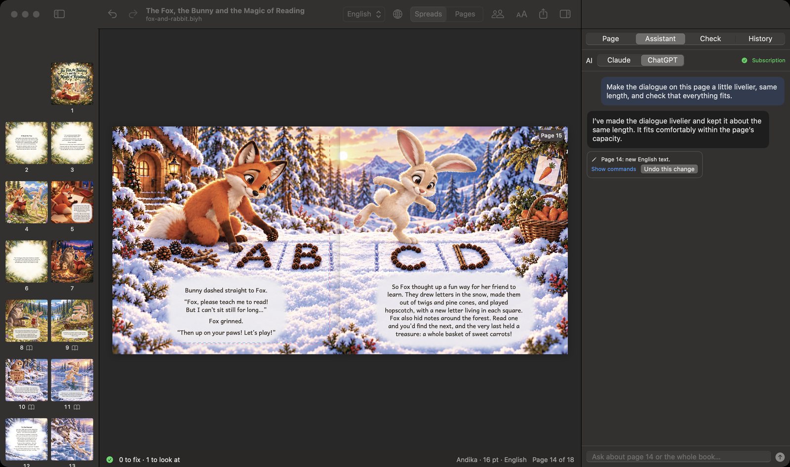 The assistant panel: the author asks to make the dialogue livelier, the assistant changes page 14, the spread shows the new text in its clouds