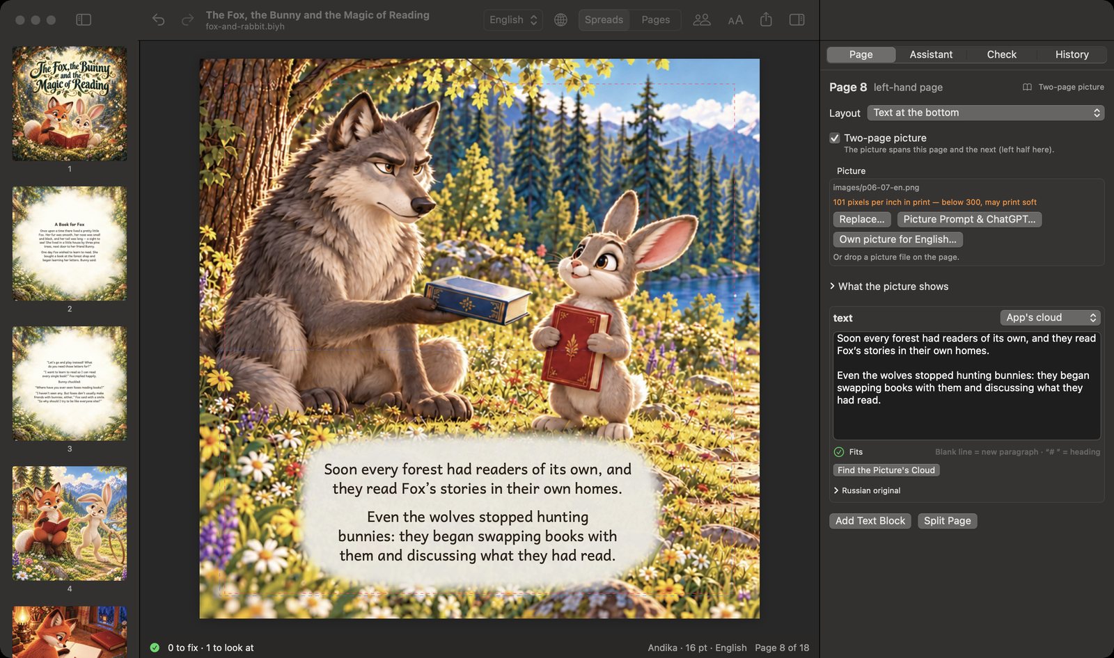 The Pages view: one page at a time with its text place, and the Page panel with the text and the two-page picture switch